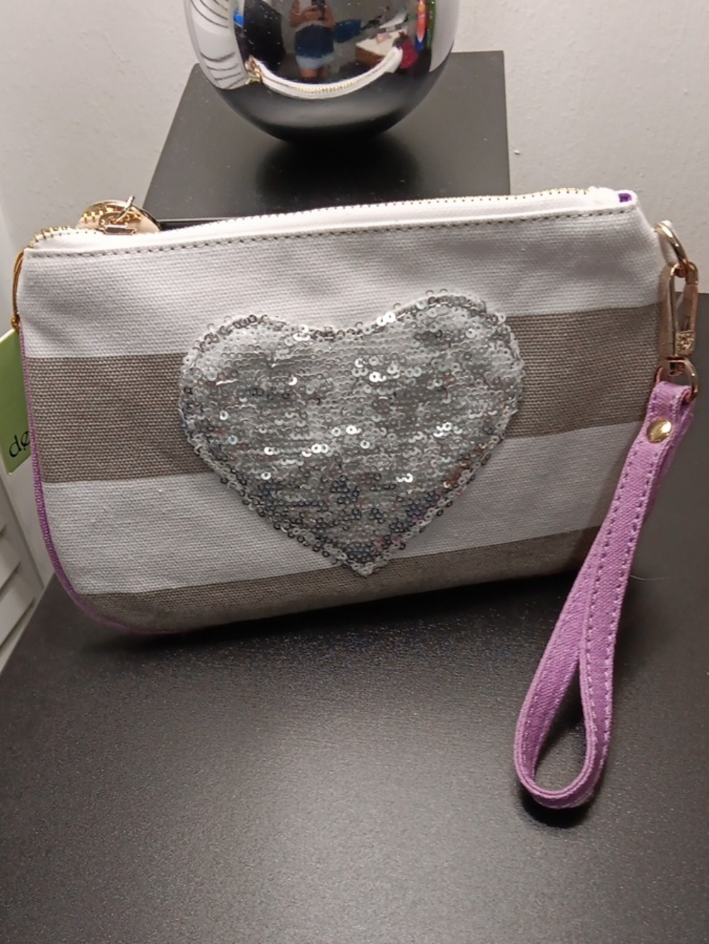 Deau Lux Sequin Heart Stripe Wristlet - White & Taupe with Lilac Strap
